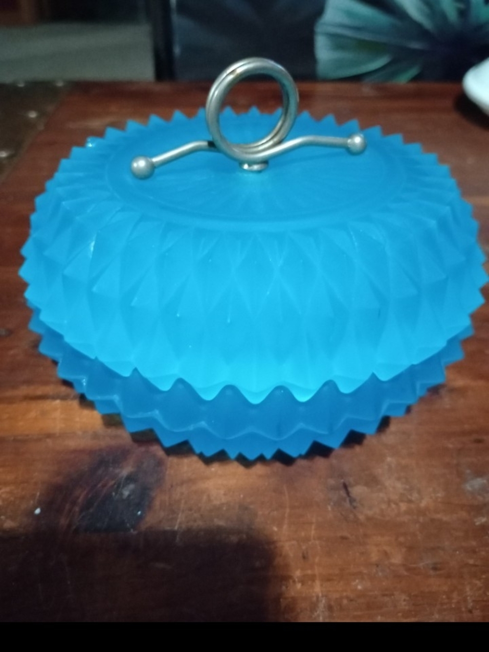 Blue Frosted Glass Candy Dish with Metal Handle
